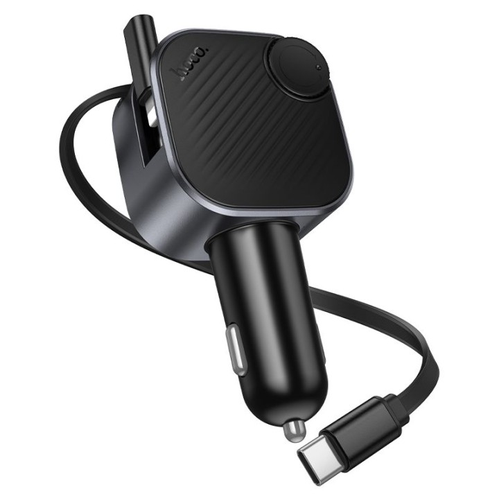 Car charger Hoco USB A + USB C QC3.0 PD 45W with retractable cable and transmitter FM E167 black