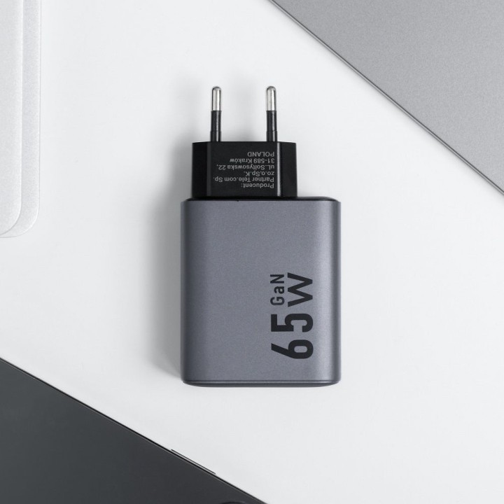 Wall charger for phone Forcell F-Energy GaN 2 x USB C + USB A QC4.0 PD 4A 65W VT-42B grey