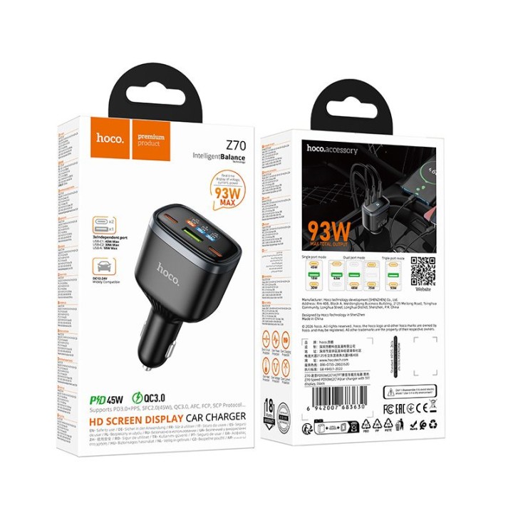 Ładowarka samochodowa Hoco USB A + 2x USB C QC3.0 PD 93W Z70 czarna
