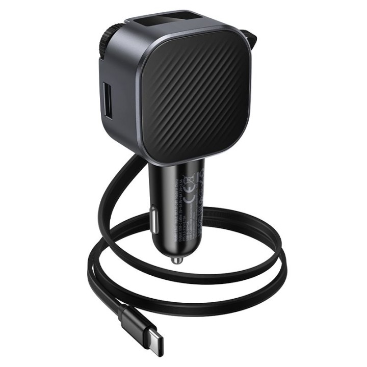 Ładowarka samochodowa Hoco USB A + USB C QC3.0 PD 45W ze zwijanym kablem i transmiterem FM E167 czarny
