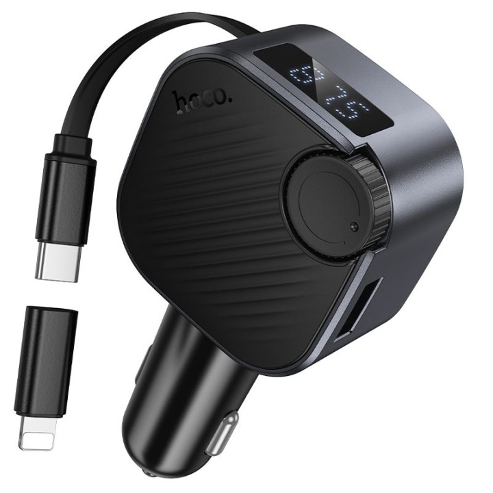 Car charger Hoco USB A + USB C QC3.0 PD 45W with retractable cable and transmitter FM E167 black