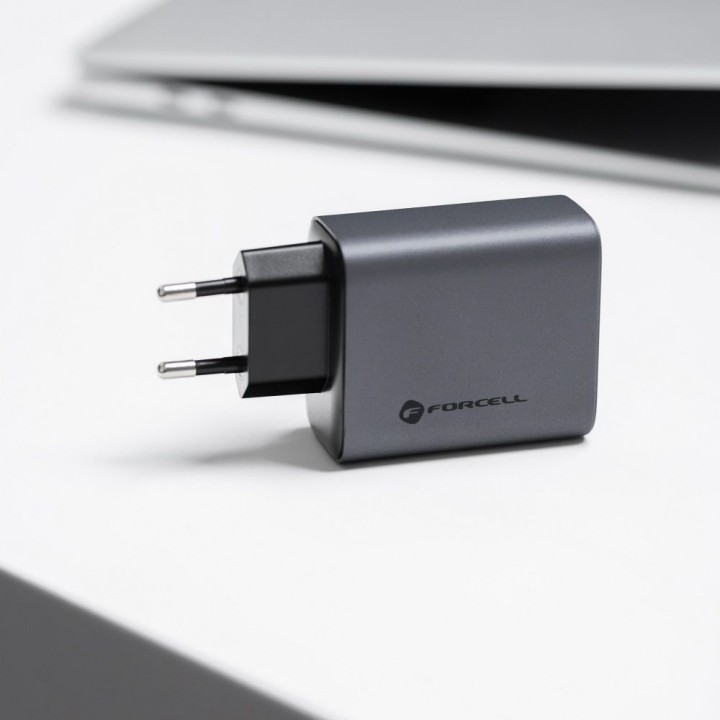 Мережевий зарядний пристрій для телефону Forcell F-Energy GaN 2 x USB C + USB A QC4.0 PD 4A 65W VT-42B сірий