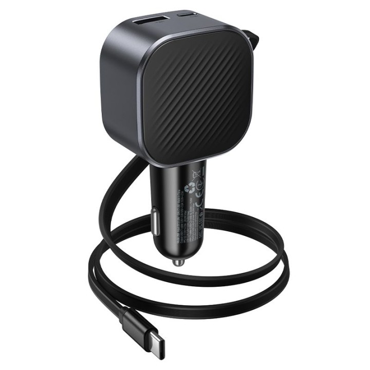 Автомобильное зарядное устройство Hoco USB A + USB C QC3.0 PD 45W + со сматываемым кабелем USB C Z68 черное