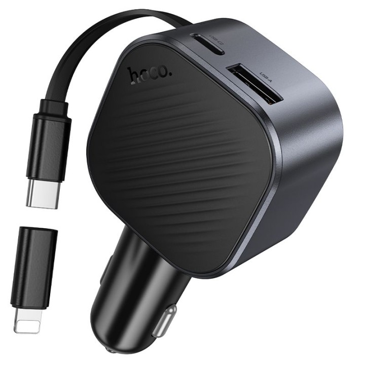 Автомобільний зарядний пристрій Hoco USB A + USB C QC3.0 PD 45W + зі змотуваним кабелем USB C Z68 чорний