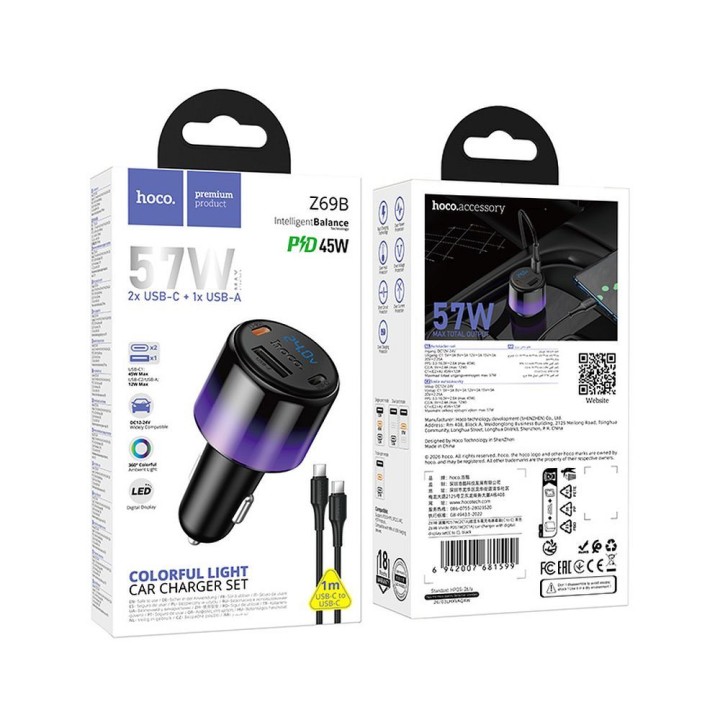 Ładowarka samochodowa Hoco USB A + 2x USB C QC3.0 PD 57W + kabel USB C do C Z69B czarna