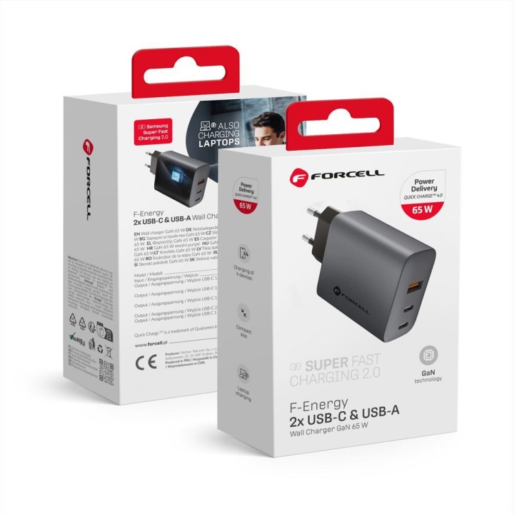 Сетевое зарядное устройство для телефона Forcell F-Energy GaN 2 x USB C + USB A QC4.0 PD 4A 65W VT-42B серое
