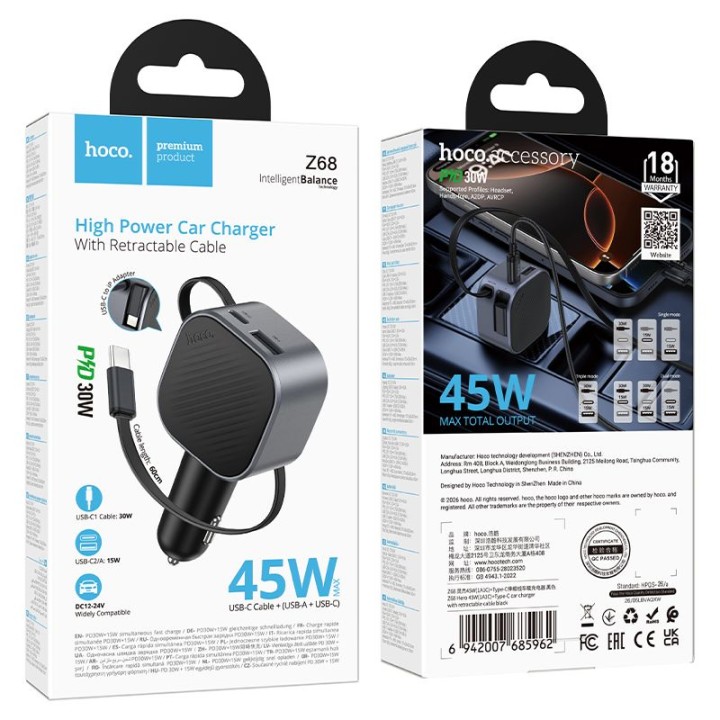 Car charger Hoco USB A + USB C QC3.0 PD 45W + with retractable cable USB C Z68 black
