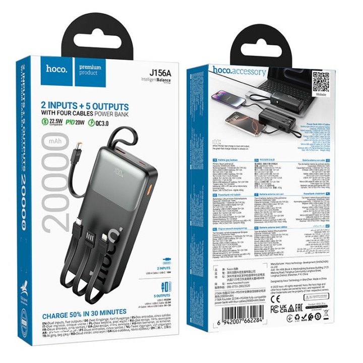 Power bank 20000 mAh QC PD 2A 22,5W with built-in cables USB A + USB C + Lightning + Micro USB Hoco J156A black