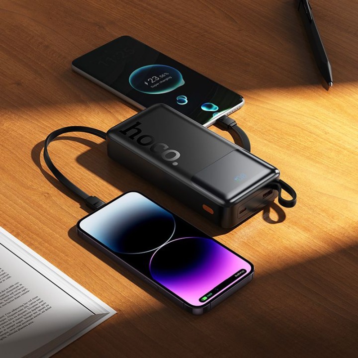 Повербанк 20000 mAh QC PD 2A 22,5W со встроенными кабелями USB A + USB C + Lightning + Micro USB Hoco J156A черный