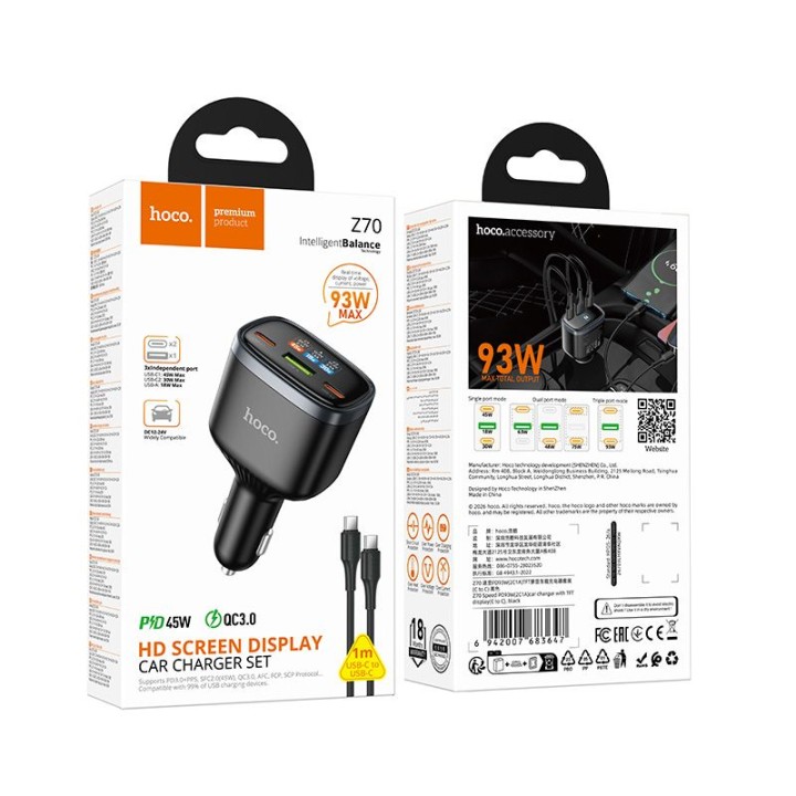 Car charger Hoco USB A + 2x USB C QC3.0 PD 93W + cable C for C Z70 black