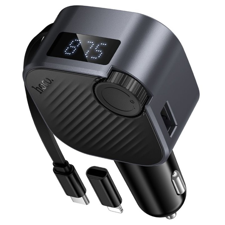 Автомобильное зарядное устройство Hoco USB A + USB C QC3.0 PD 45W со сматываемым кабелем и трансмиттером FM E167 черное