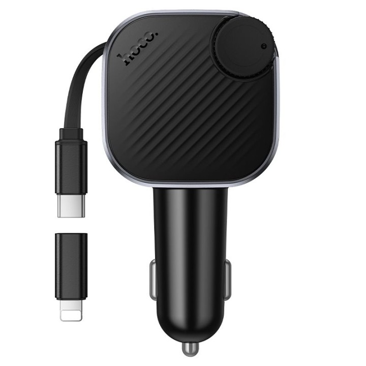 Автомобильное зарядное устройство Hoco USB A + USB C QC3.0 PD 45W со сматываемым кабелем и трансмиттером FM E167 черное