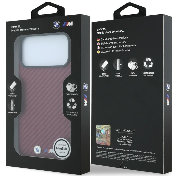 BMW futerał do IPHONE 18 Pro Max/17 Pro Max kompatybilny z MagSafe (Carbon Metal Logo) burgundowy