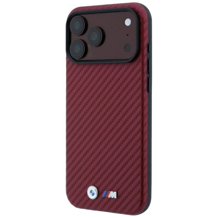 BMW futerał do IPHONE 18 Pro Max/17 Pro Max kompatybilny z MagSafe (Carbon Metal Logo) burgundowy
