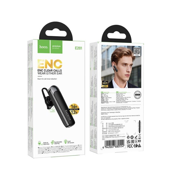 Бездротова моногарнітура (ENC, BT 6.0, 130mAh) Hoco E201 чорна
