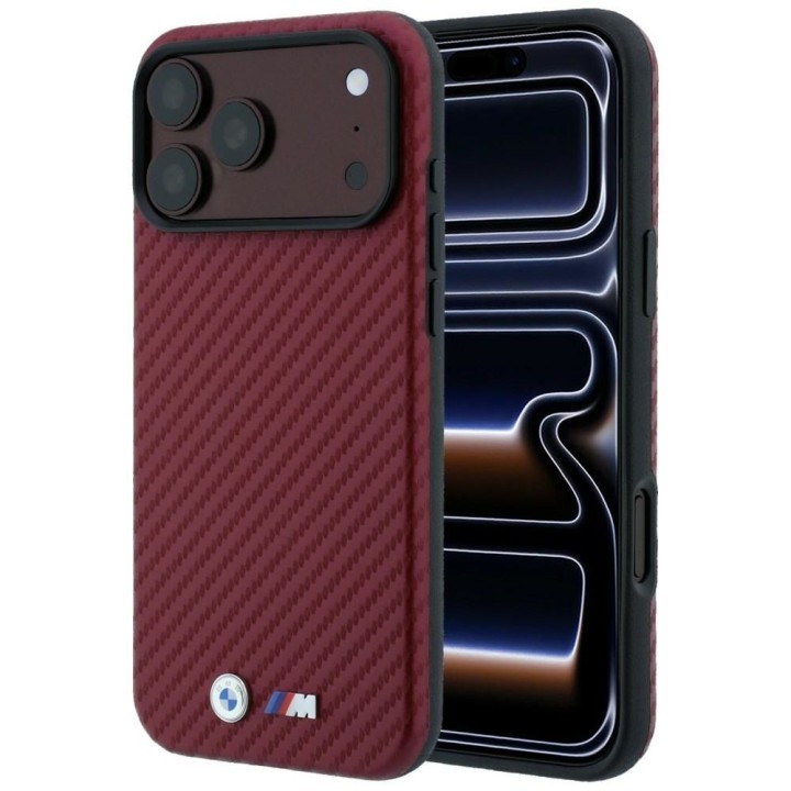 BMW futerał do IPHONE 18 Pro Max/17 Pro Max kompatybilny z MagSafe (Carbon Metal Logo) burgundowy