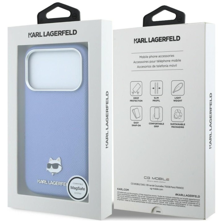 KARL LAGERFELD case for IPHONE 18 Pro/ 17 Pro compatible with MagSafe (Grained Choupette Head Metal) light blue