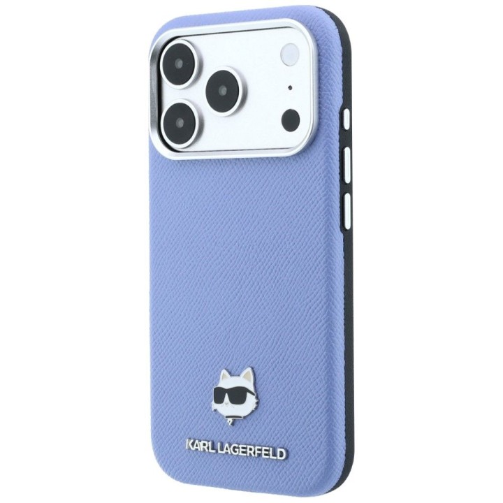 KARL LAGERFELD case for IPHONE 18 Pro/ 17 Pro compatible with MagSafe (Grained Choupette Head Metal) light blue