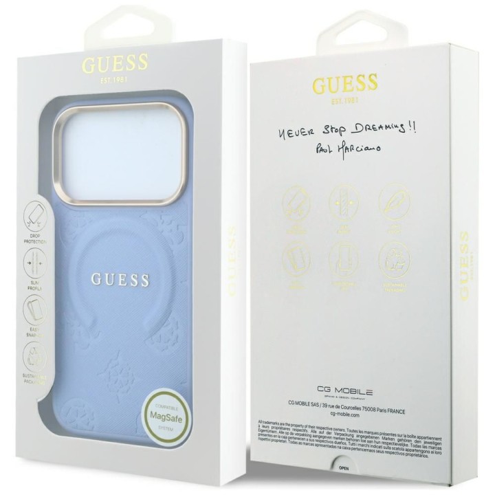 GUESS case for IPHONE 18 Pro/17 Pro compatible with MagSafe (Saffiano Peony Ring) light blue