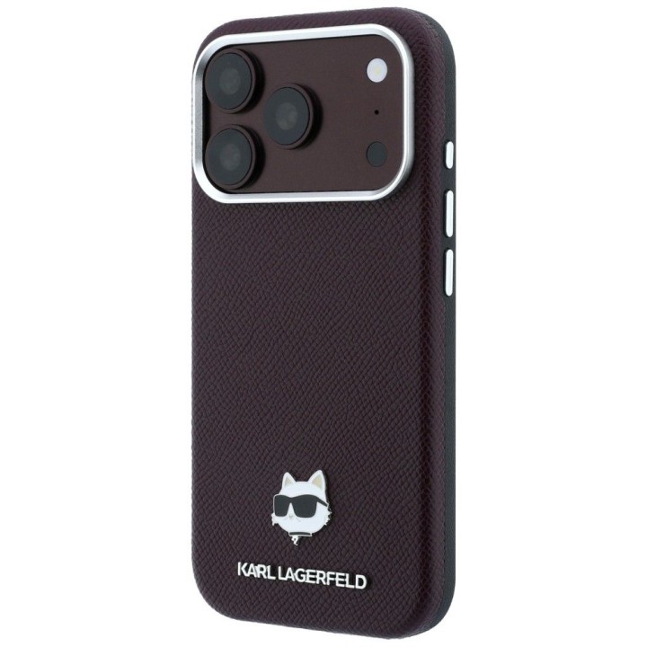KARL LAGERFELD case for IPHONE 18 Pro/ 17 Pro compatible with MagSafe (Grained Choupette Head Metal) burgundy