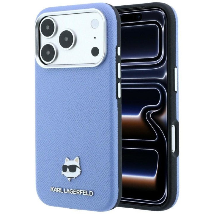 KARL LAGERFELD case for IPHONE 18 Pro Max/ 17 Pro Max compatible with MagSafe (Grained Choupette Head Metal) light blue