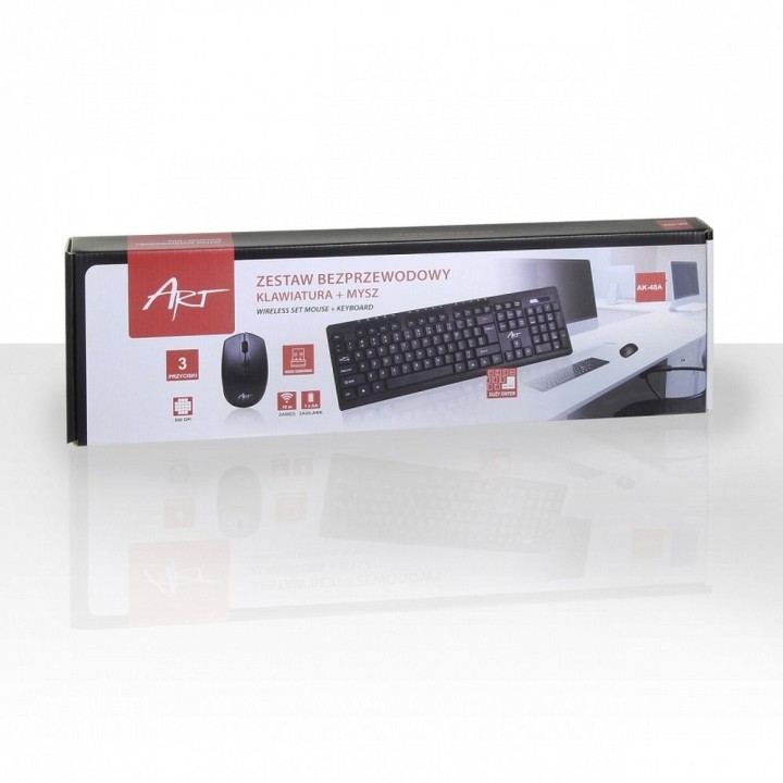 ART bezprzewodowy zestaw klawiatura QWERTY + myszka + podkładka 2,4G AK-48A czarny