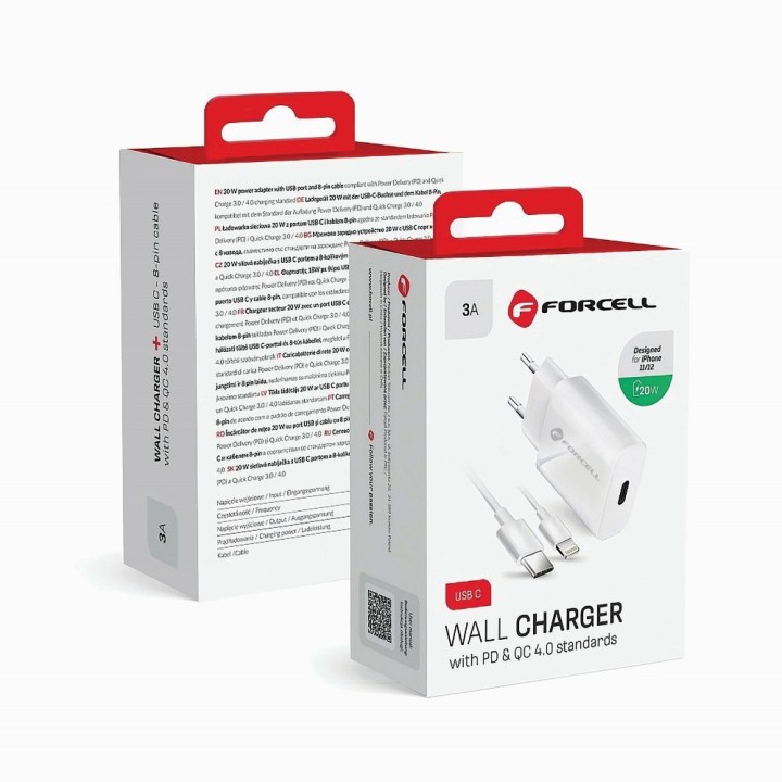 Мережевий зарядний пристрій для телефону Forcell F-Energy USB C QC4.0 PD 3A 20W + кабель USB-C – Lightning TFK-TC-20WPD білий