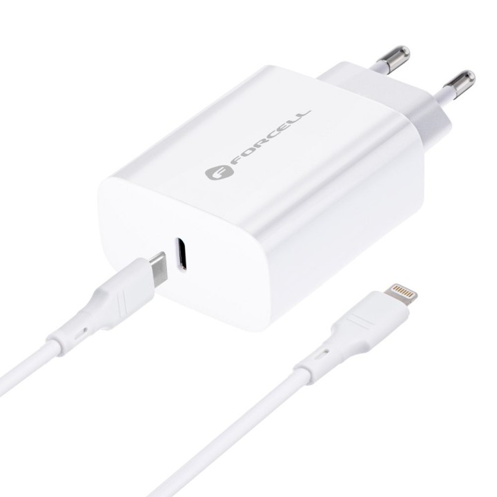 Мережевий зарядний пристрій для телефону Forcell F-Energy USB C QC4.0 PD 3A 20W + кабель USB-C – Lightning TFK-TC-20WPD білий