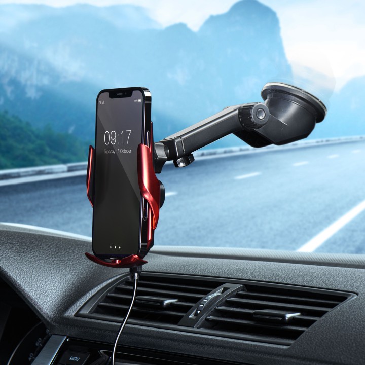 Automatic wireless car phone holder Forcell F-Grip HS1 Qi 15W for windscreen / air vent red