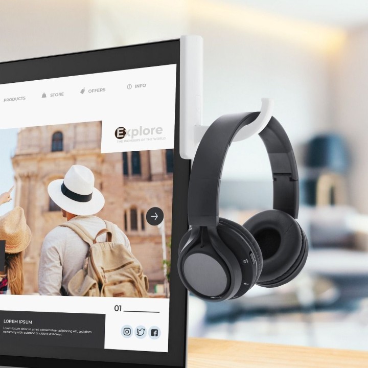 Monitor-mounted headphones holder white