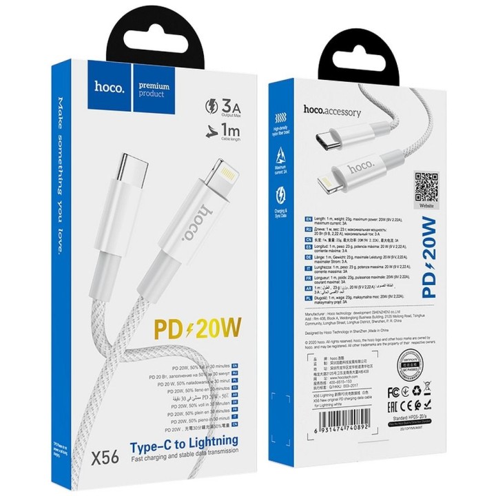 Кабель USB-C – Lightning Hoco PD 3A 20W 1 m X56 белый
