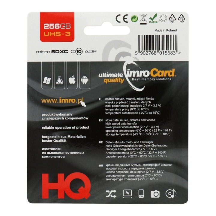 IMRO карта памяти microSD 256GB 100MB/s класс 10 UHS 3 с адаптером SD