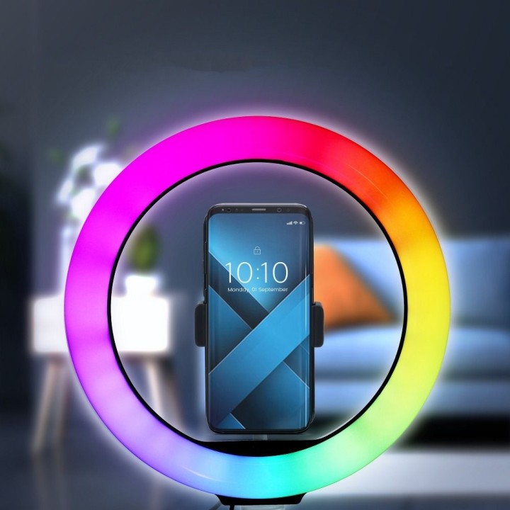 Lampa LED Ring Stream RGB pierścieniowa 12" FULL COLOR z uchwytem na telefon + statyw czarna