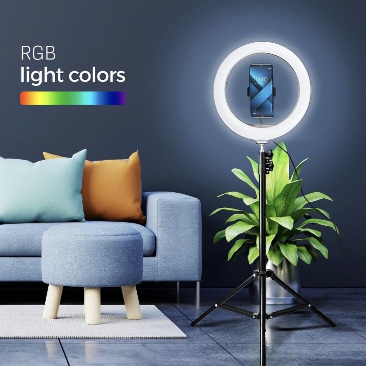 Lamp LED Ring Stream RGB ring-shaped 12" FULL COLOR with holder for phone + tripod black