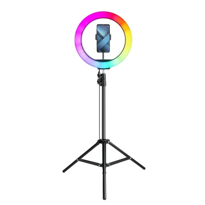 Лампа LED Ring Stream RGB кольцевая 12" FULL COLOR с держателем для телефона + штатив черная