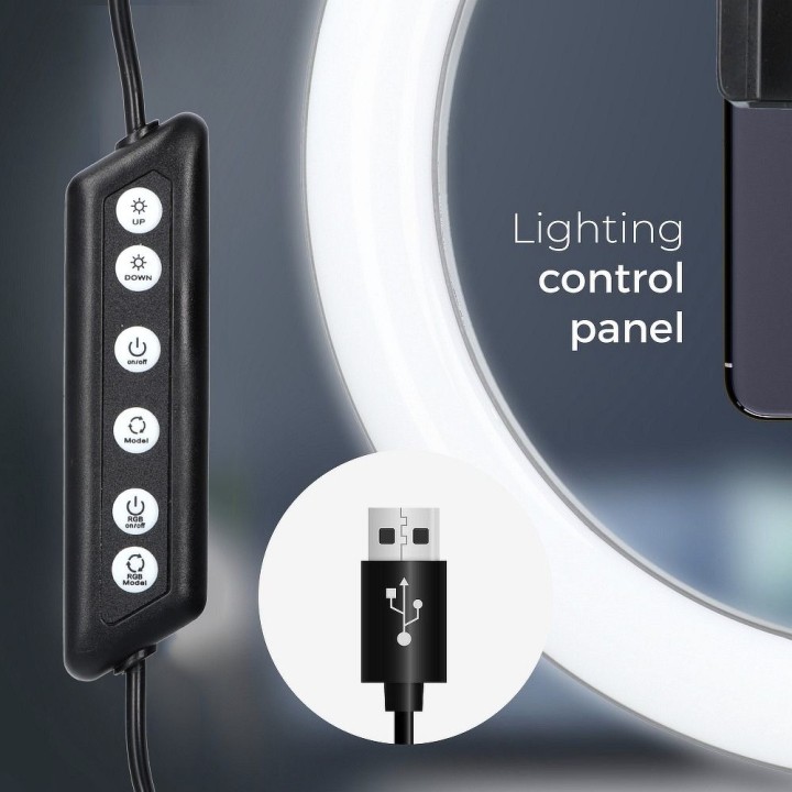 Lampa LED Ring Stream RGB pierścieniowa 12" FULL COLOR z uchwytem na telefon + statyw czarna