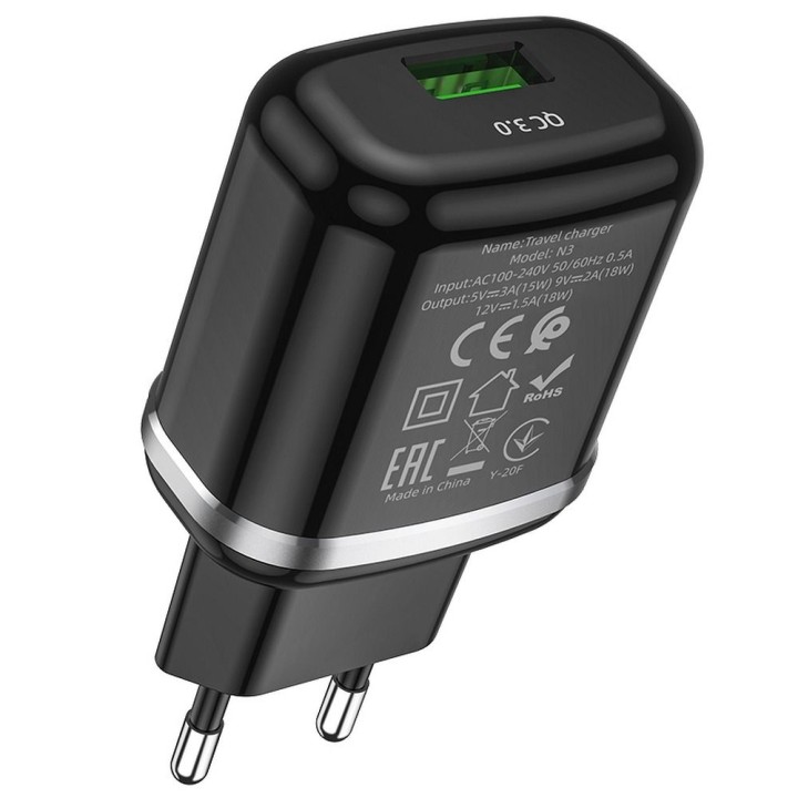 Сетевое зарядное устройство для телефона Hoco USB A QC3.0 3A 18W N3 черное