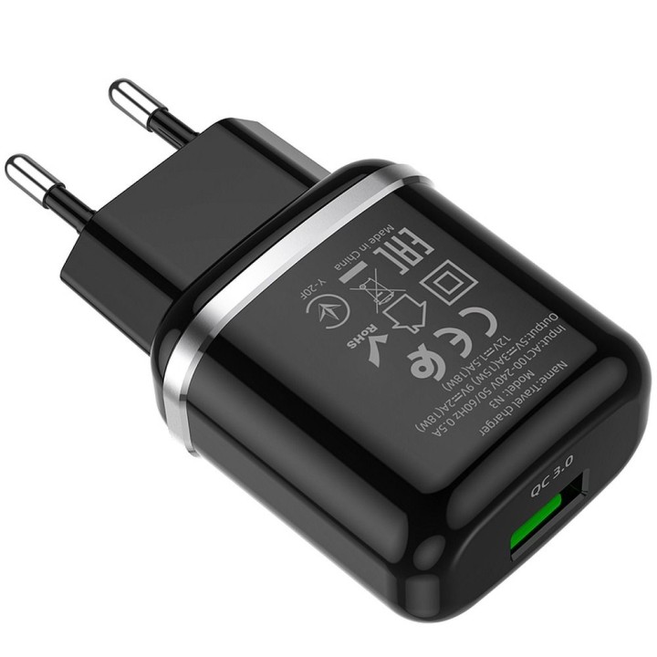 Wall charger for phone Hoco USB A QC3.0 3A 18W N3 black