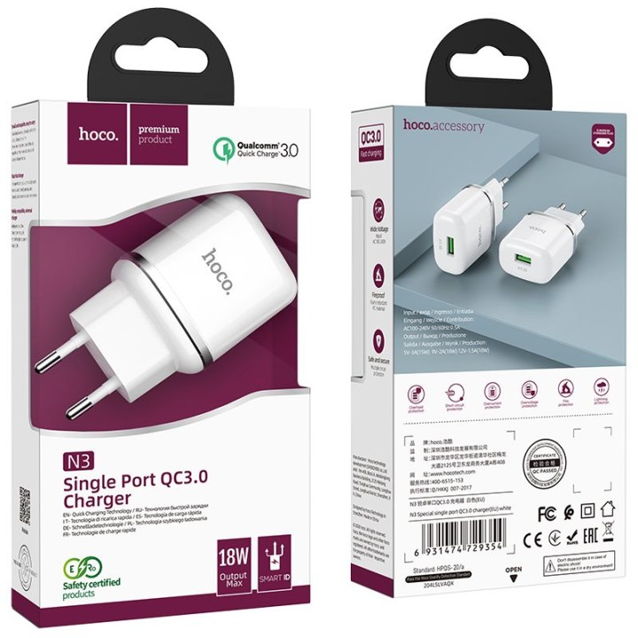 Мережевий зарядний пристрій для телефону Hoco USB A QC3.0 3A 18W N3 білий