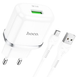 Мережевий зарядний пристрій для телефону Hoco USB A QC3.0 3A 18W + кабель USB A для Micro USB N3 білий