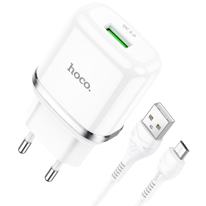 Wall charger for phone Hoco USB A QC3.0 3A 18W + cable USB A for Micro USB N3 white