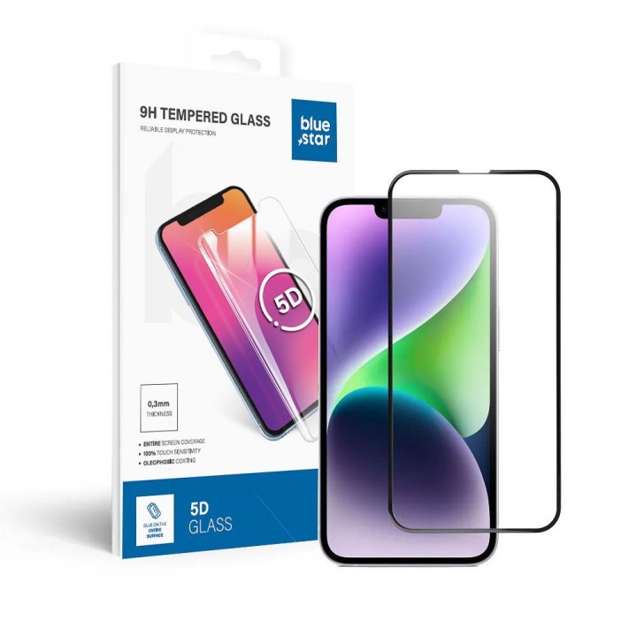 Tempered glass 5D Full Glue for iPhone 13 / 13 PRO / 14 / 16e / 17e (SE 4 2025) Blue Star black