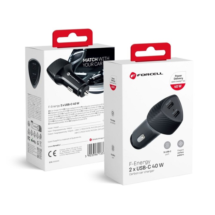 Автомобильное зарядное устройство Forcell F-Energy Carbon 2 x USB C QC3.0 PD 3A 40W CC50-2C черное