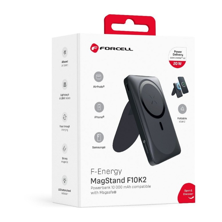 Powerbank zgodny z MagSafe Forcell F-Energy MagStand F10K2 QC3.0 PD 5A 20W 10000 mAh czarny