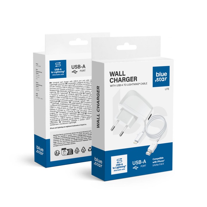 Wall charger for phone Blue Star Lite USB A 1A 5W + cable USB A to Lightning TFK-TC-1095B white