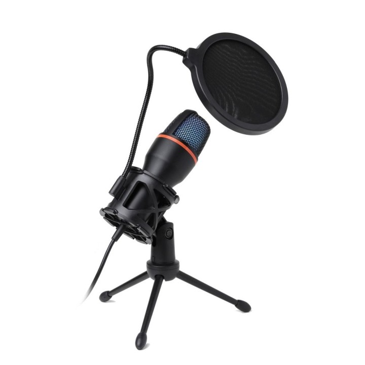 Condenser microphone Art with diaphragm, freestanding, backlit, tripod AC-02 black