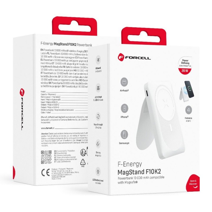 Повербанк совместимый с MagSafe Forcell F-Energy MagStand F10K2 QC3.0 PD 5A 20W 10000 mAh белый