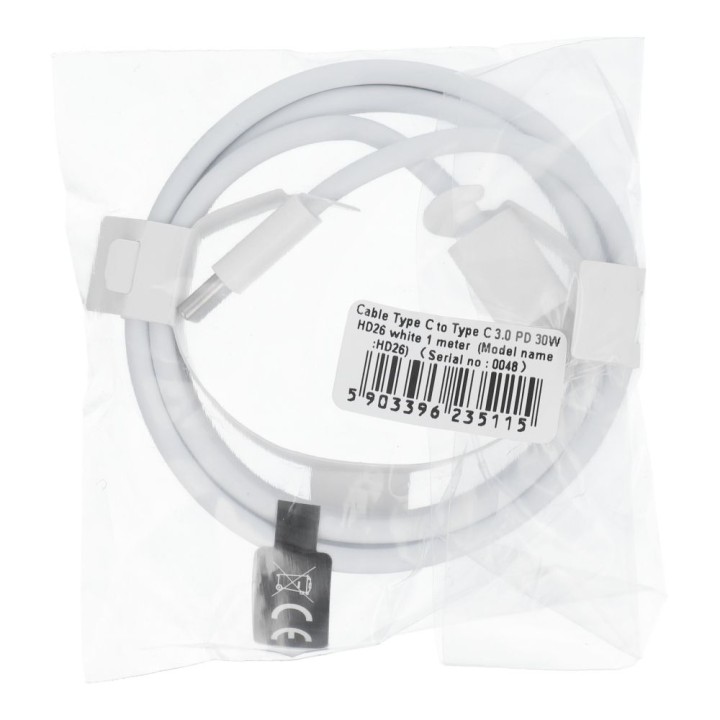Кабель USB-C – USB-C PD QC3.0 3A 30W 1 m HD26 білий