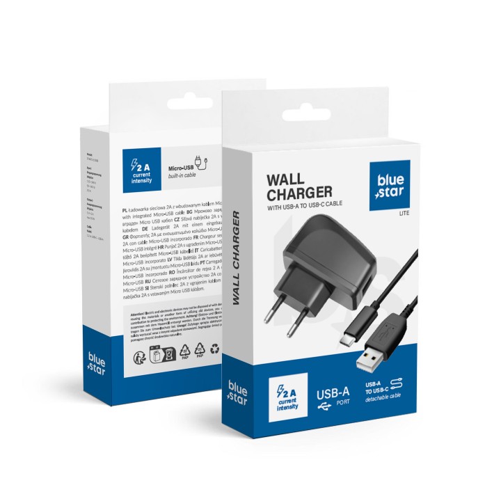 Ładowarka sieciowa do telefonu Blue Star Lite USB A 2A 10W + kabel USB A do USB C TFK-TC-1095B czarna