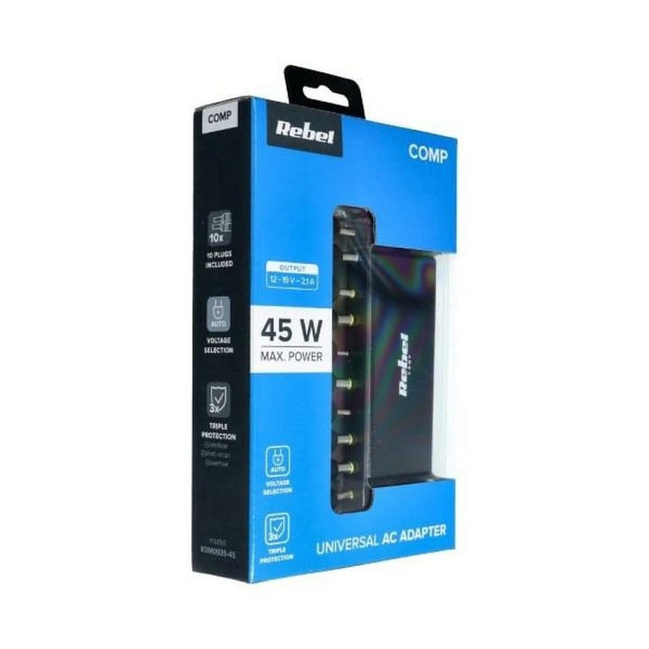 REBEL универсальный сетевой блок питания 45W 12-19.5V автоматический 10 наконечников черный